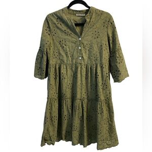 Valentina Naldi Olive Green Floral Eyelet Tiered Scalloped Cotton Dress Sz S